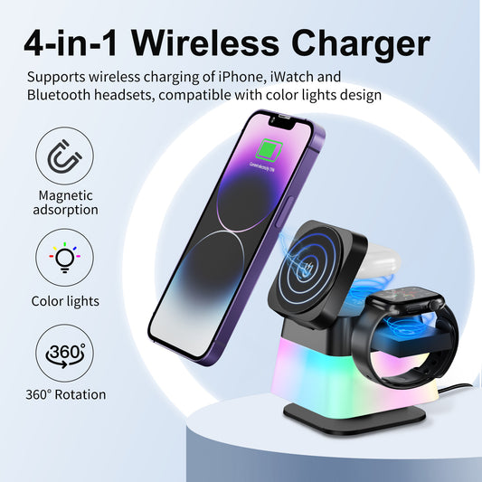 4 In 1 Rotatable  Wireless Charger Stand : Magnetic Fast Charging Station